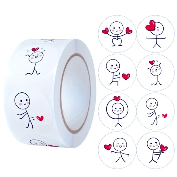 (31) Roll of 500 Whimsical Cartoon Stick Man with Heart Stickers (1” diam) - Picture 2 of 7